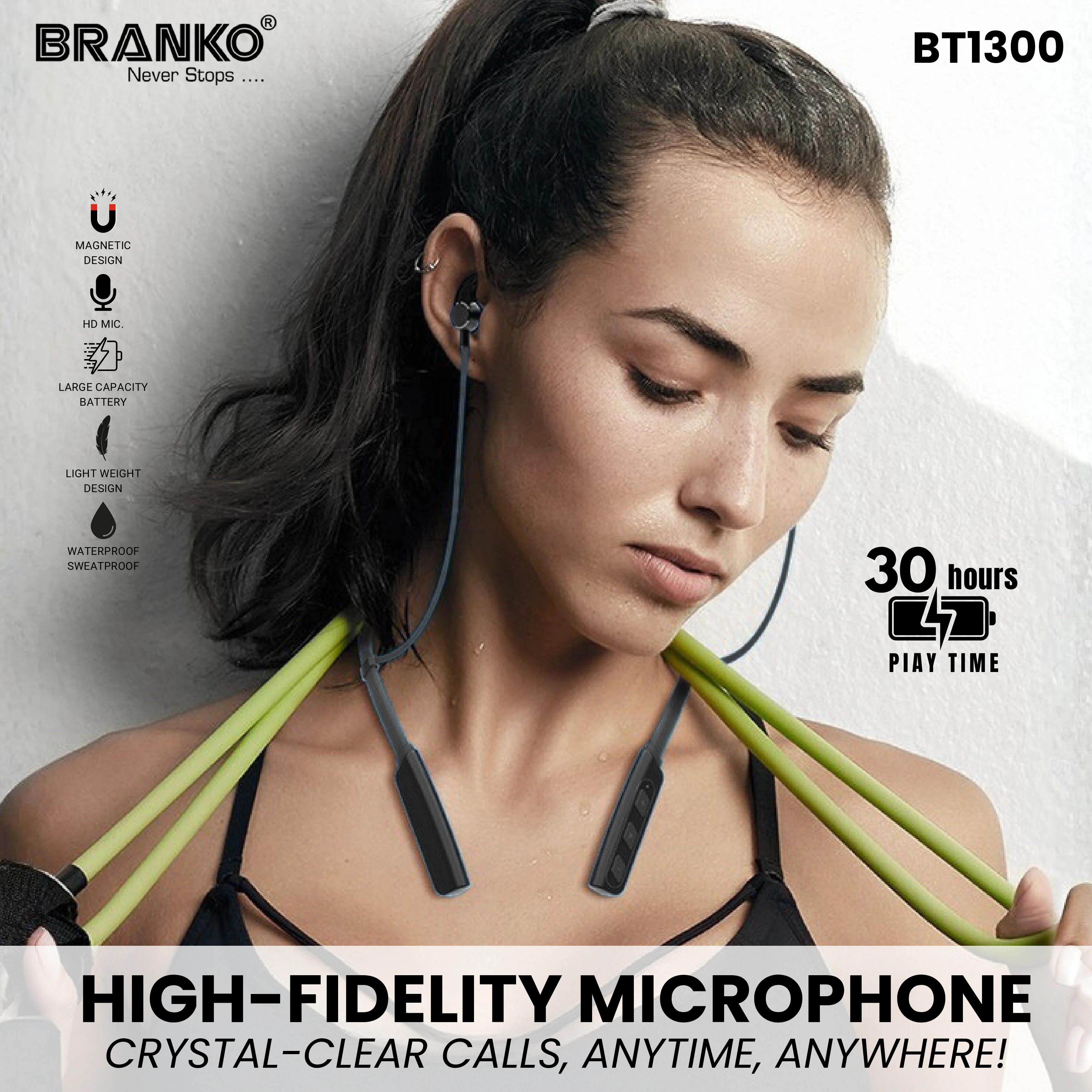 Branko 30Hrs Playtime,  Bluetooth Device Pairing, Bluetooth 5.4 Wireless in-Ear Earphones with Mic, Voice Assistant, Type-C Fast Charging & Water Resistant – BT1300