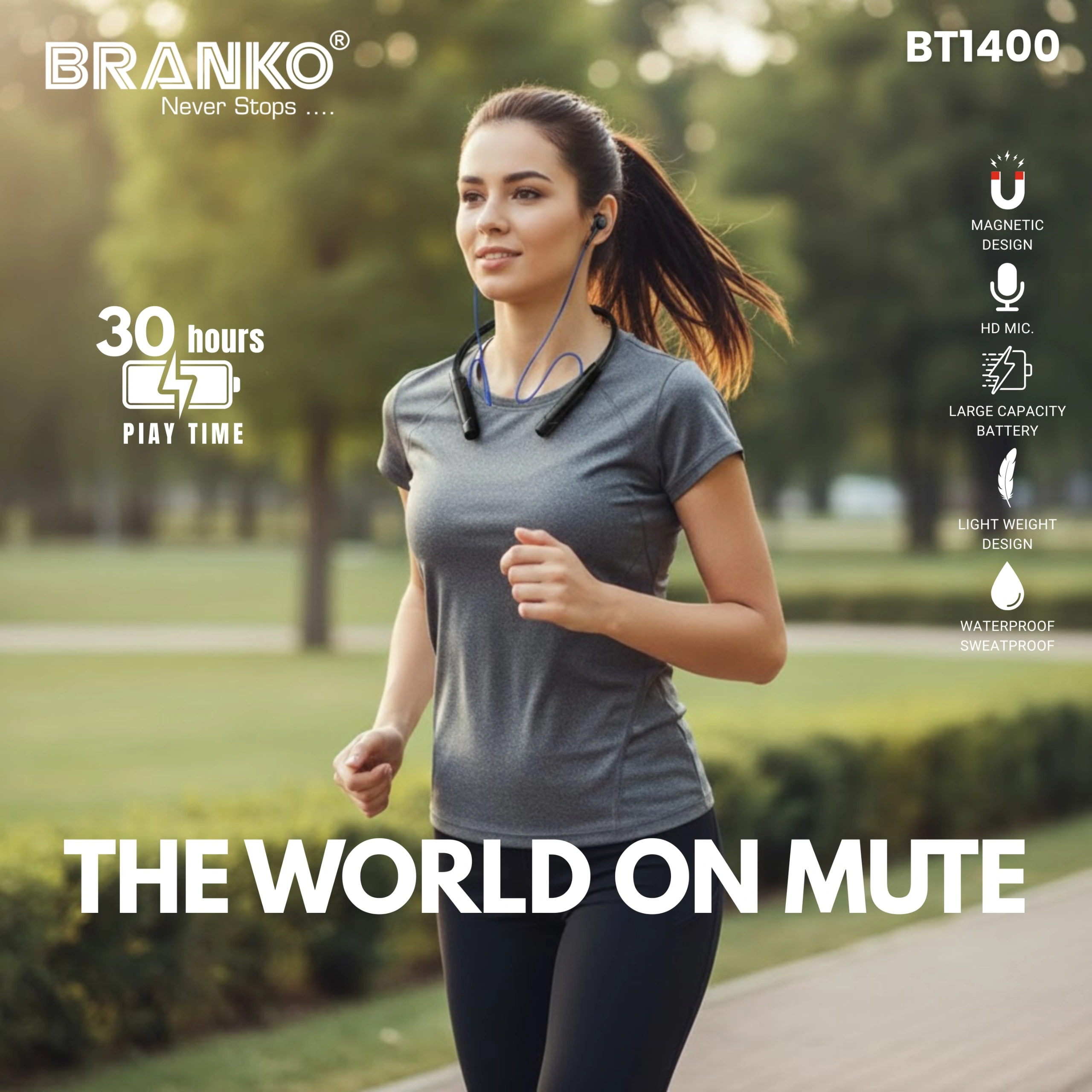 Branko 30Hrs Playtime,  Bluetooth Device Pairing, Bluetooth 5.4 Wireless in-Ear Earphones with Mic, Voice Assistant, Type-C Fast Charging & Water Resistant – BT1400