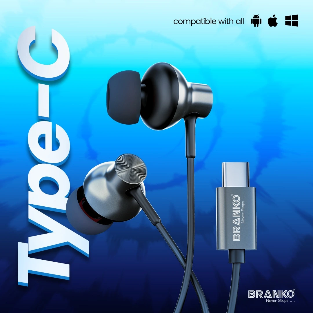 Branko Type C Wired Earphones with HD Mic, Powerful Audio, 14.2mm Driver, Unique Earbuds Design, TPE Anti Tangle Wire, in line Controls, Wide Compatibility – X47